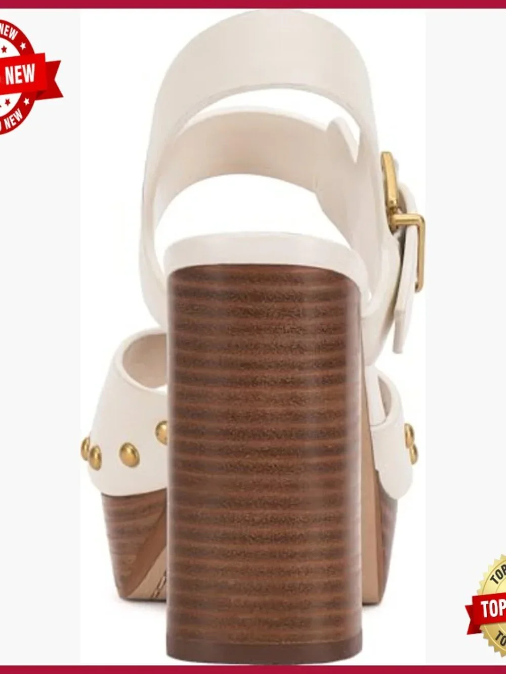 Leather Platform Heeled Sandals with Stacked Heel and Buckle Closure